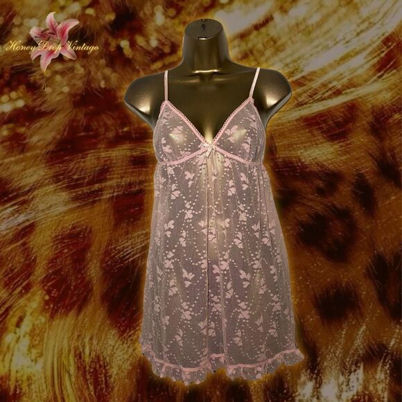 The Unbranded Brand Other - Pink Lace Babydoll Slip Dress with Open Back, Satin Tie, and Heart Design
